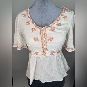 Hem & Thread Cream and Orange Embroidered Blouse